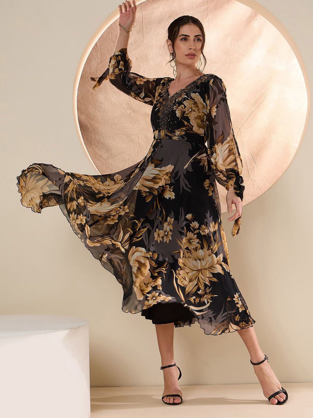 Antheaa Floral Embellished Flared Sleeve Chiffon A-Line Midi Dress