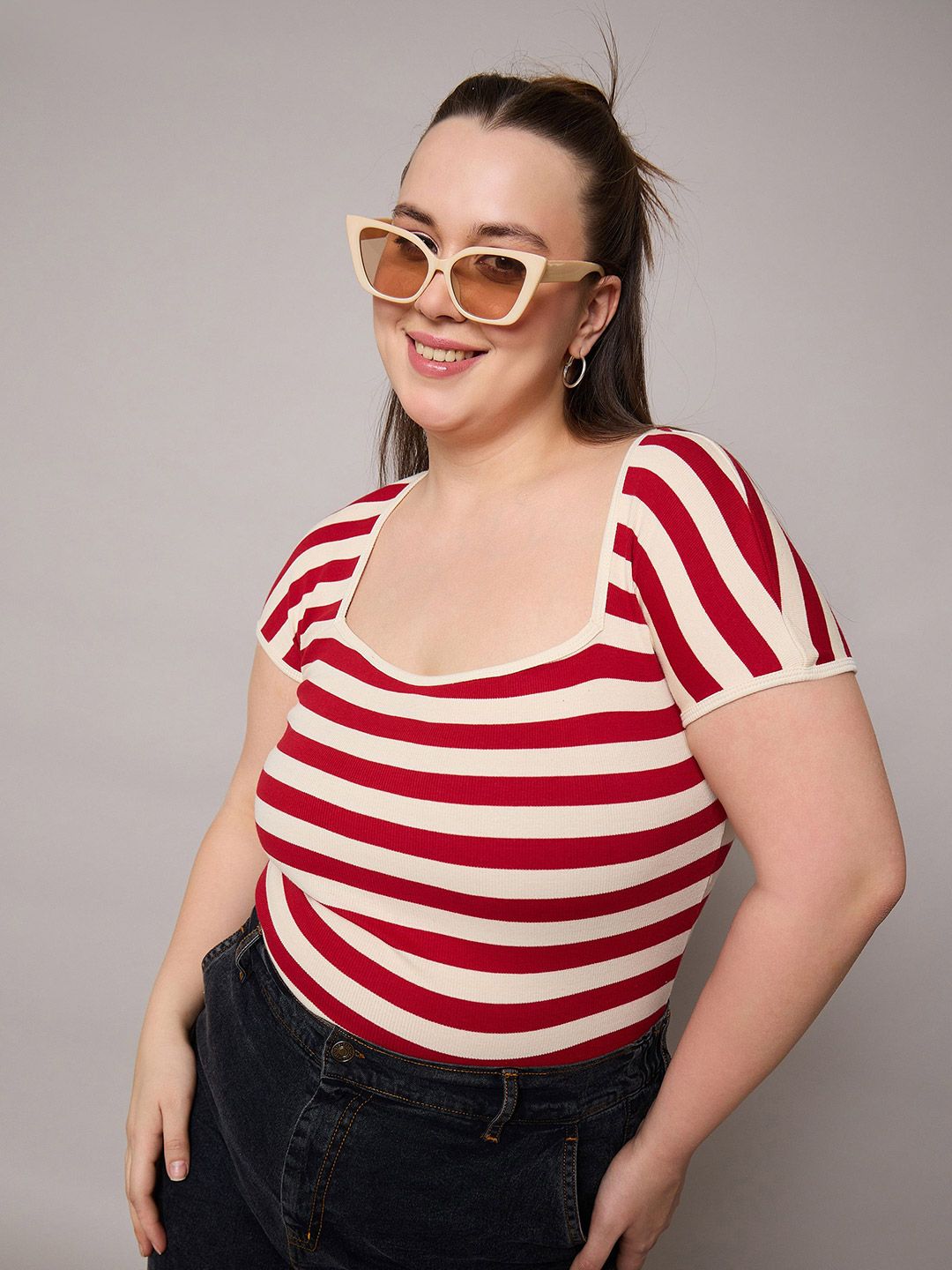 SASSAFRAS Women Plus Size Striped Cotton Top