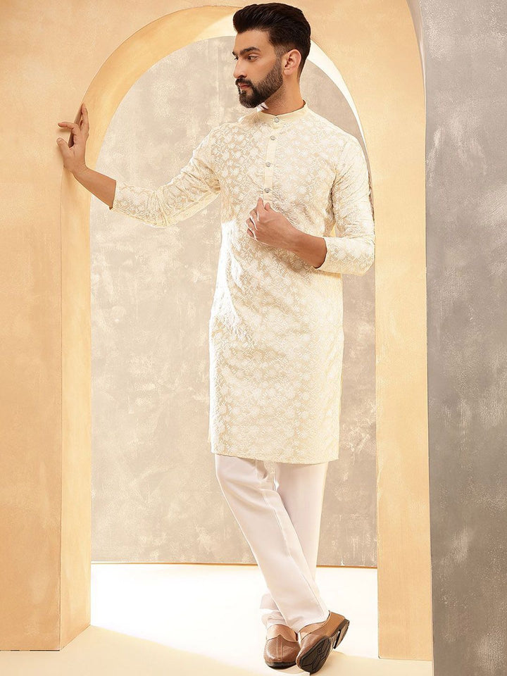 Anouk Cream Embroidered Mandarin Collar Kurta With Trouser