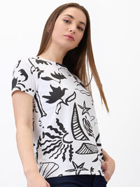 SPYKAR Women Regular Fit Abstract Printed Round Neck Cotton T-shirt