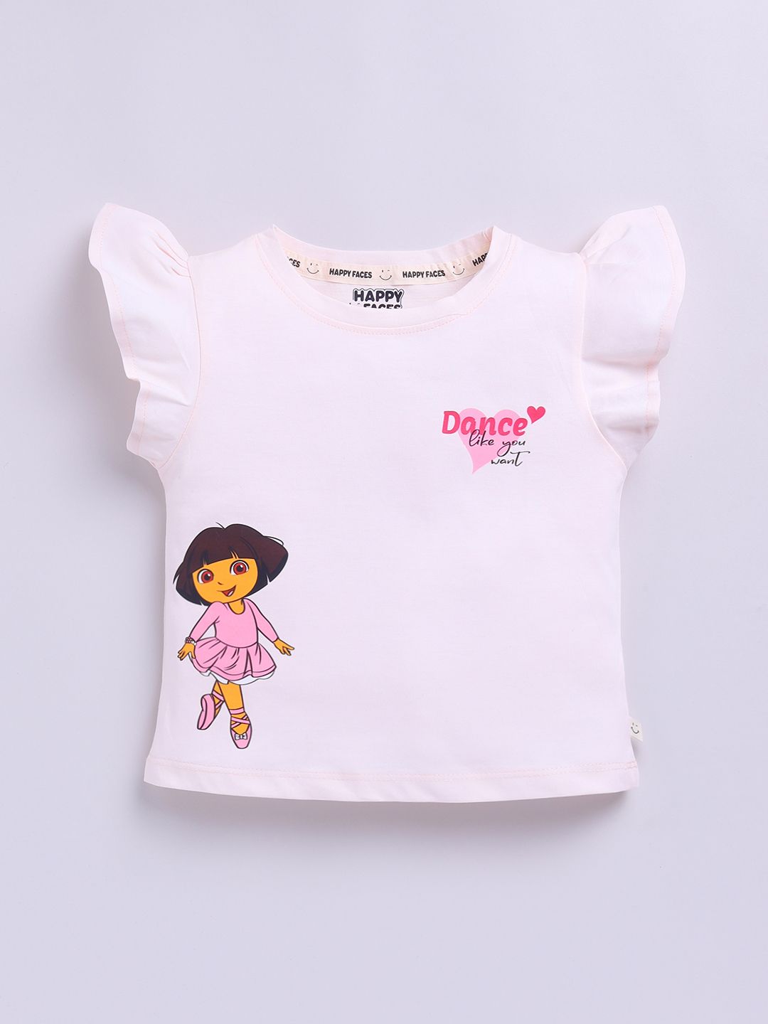 Happy Faces Kids Girls Dora Printed Flutter Sleeve Pure Cotton Top