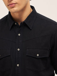 THE BEAR HOUSE Men Spread Collar Solid Cotton Casual Shirt