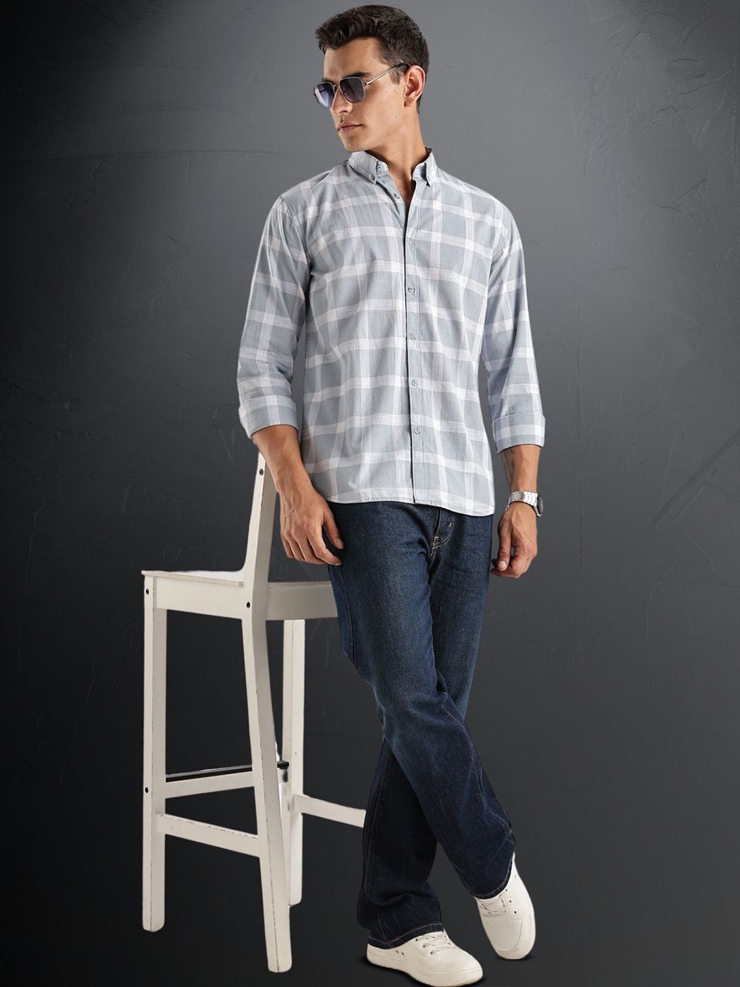 ADRO Tartan Checked Spread Collar Baju Kasual Kapas Lengan Panjang