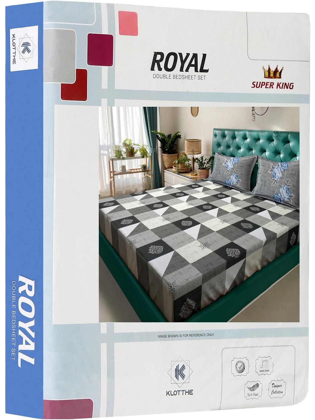 KLOTTHE Grey & Black Print King Bedsheet with 2 Pillow Covers