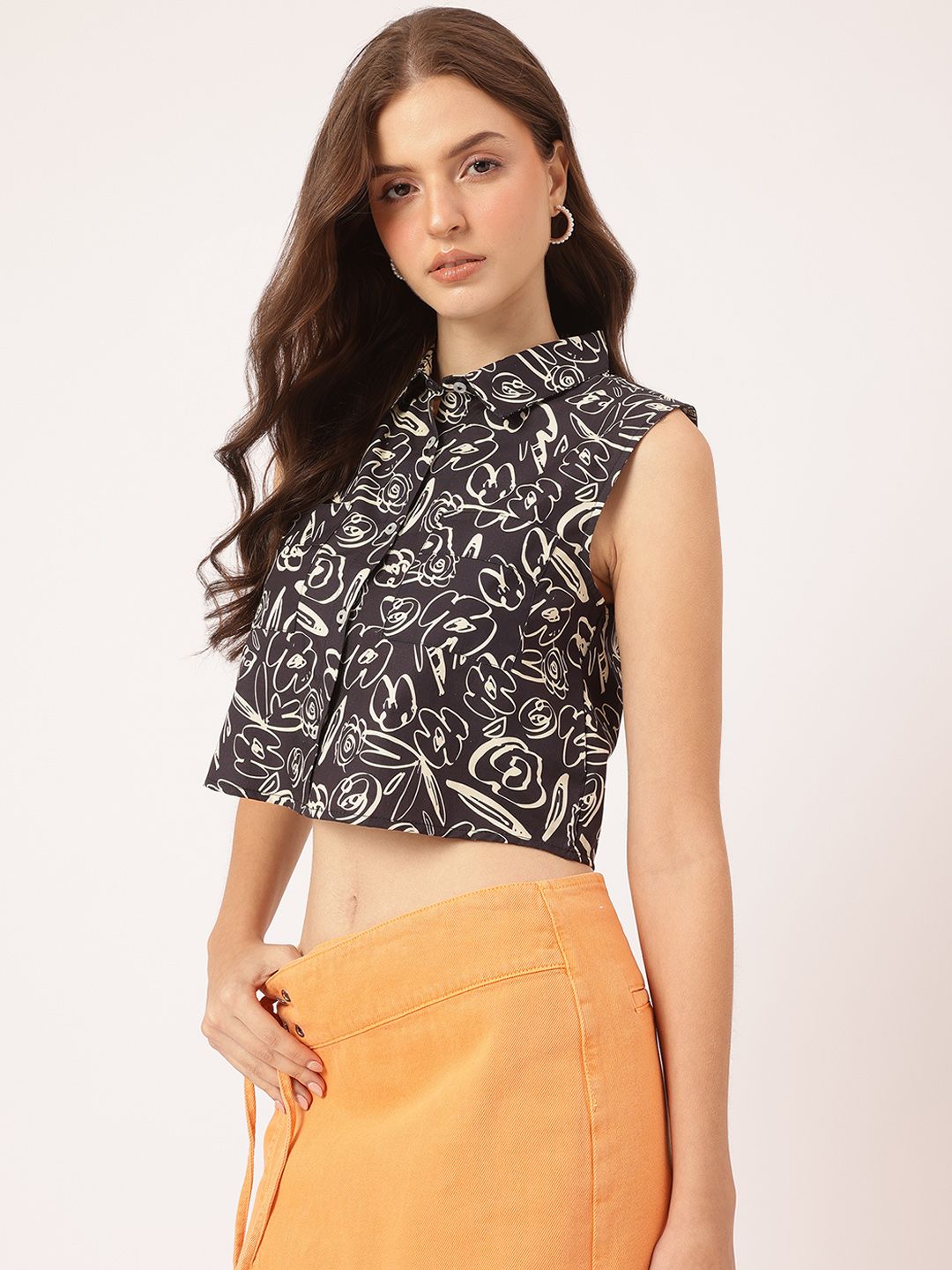 DressBerry Playful Whirl Printed Crop Shirt-Style Top