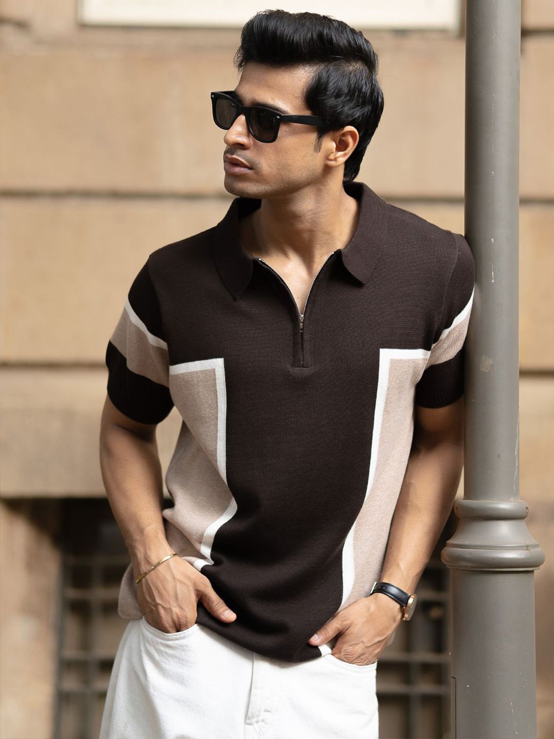 Powerlook SS25 Colourblocked Polo Collar Pure Cotton T-Shirt