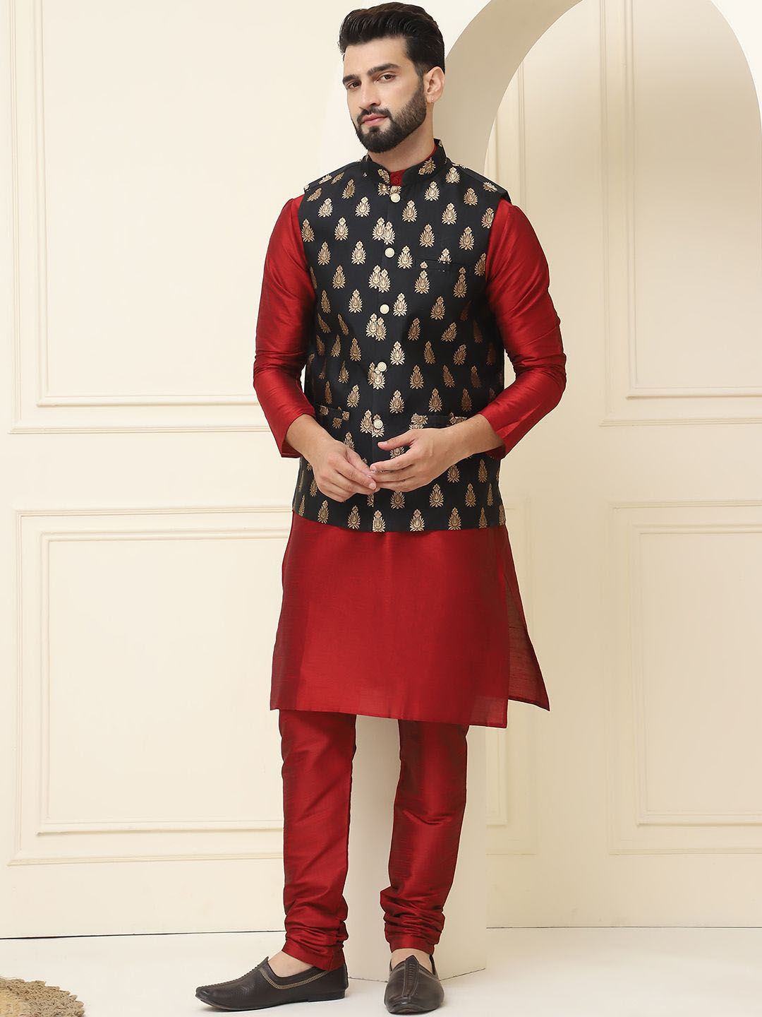 SOJANYA Mandarin Collar Silk Cotton Straight Kurta with Churidar & Nehru jacket