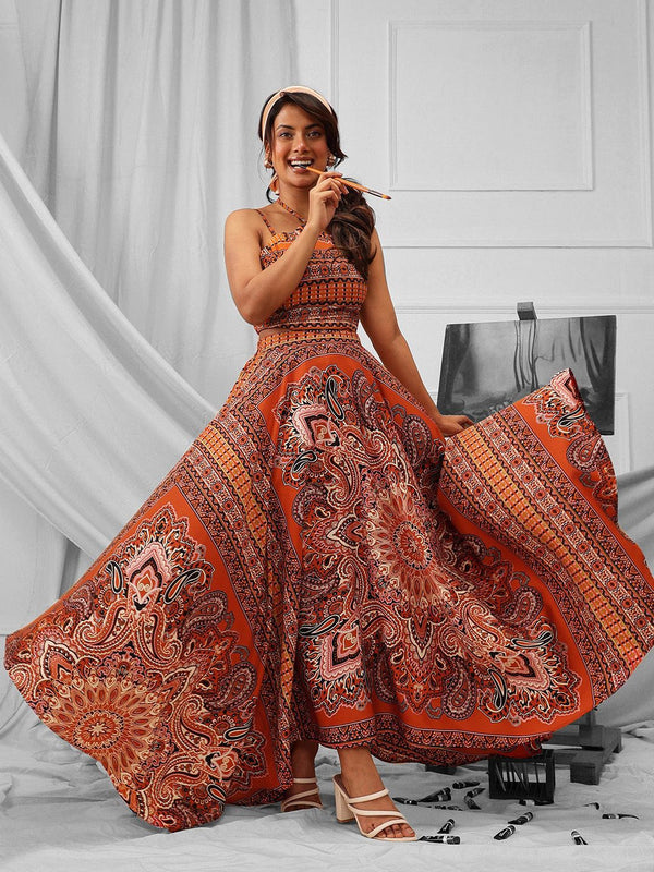 QUIERO Ethnic Motifs Printed Crepe Cut-Outs Fit & Flare Maxi Dress