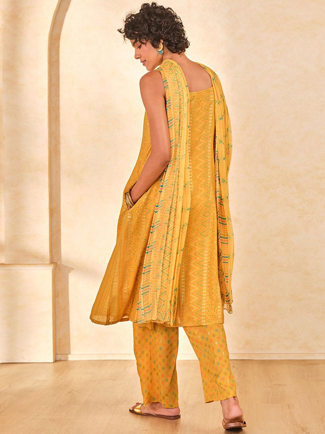 Global Desi Geometric Printed Shoulder Straps A-Line Kurta with Trousers & With Dupatta