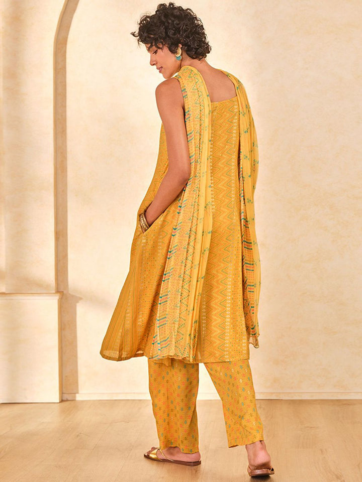 Global Desi Geometric Printed Shoulder Straps A-Line Kurta with Trousers & With Dupatta