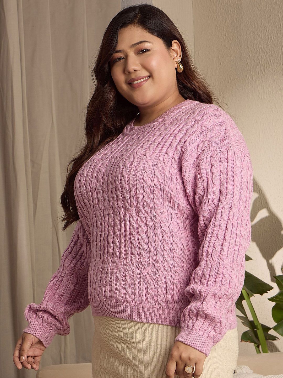 Berrylush Curve Women Cable Knit Long Sleeves Pullover