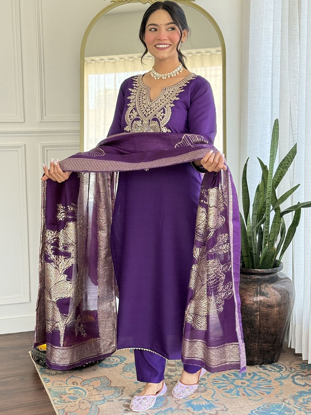 KALINI Floral Yoke Design Sequinned Pure Silk Straight Kurta With Trousers & Dupatta