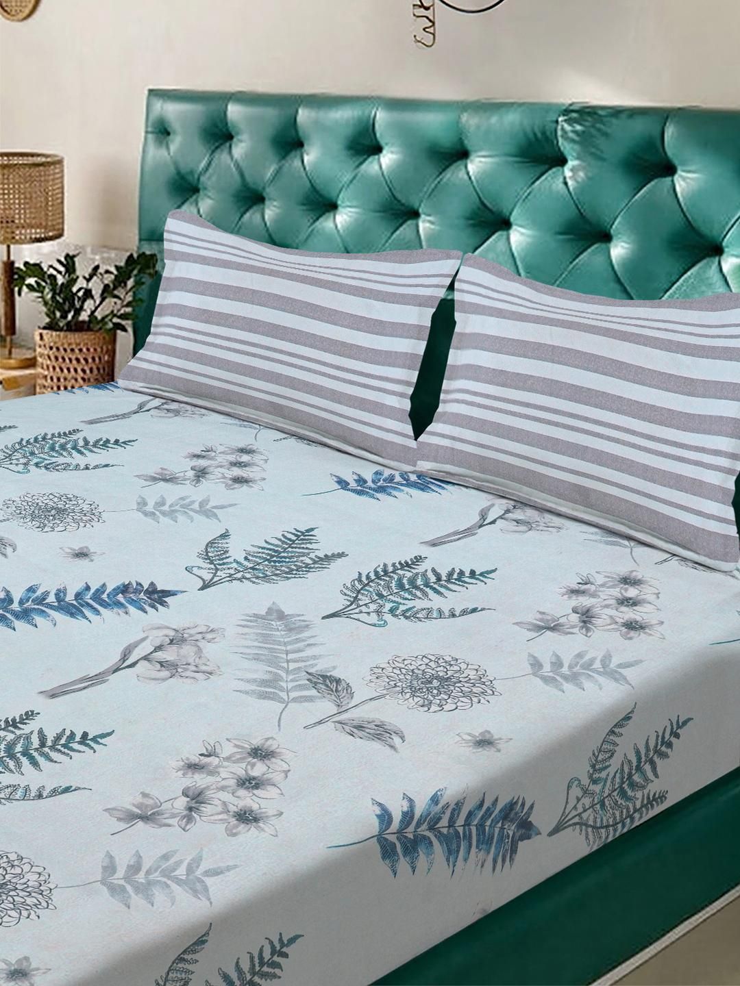 KLOTTHE Blue & Grey Floral 300 TC Double Bedsheet with 2 Pillow Covers- 2.50 m x 2.25 m