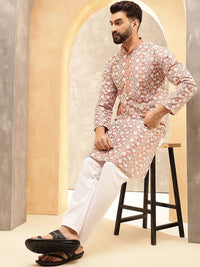 Anouk Peach & White Band Collar Floral Sulam Kurta Lurus