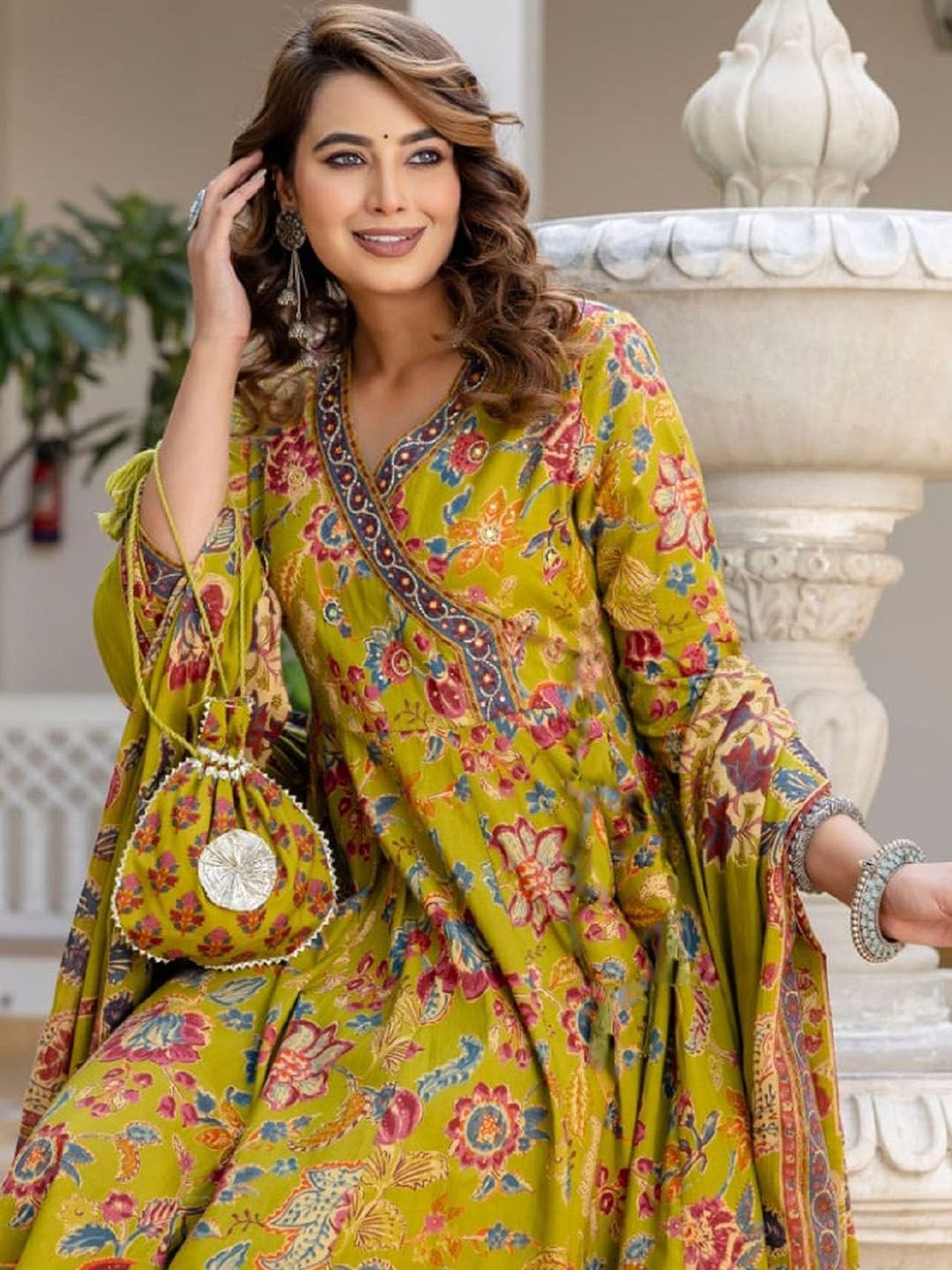 KALINI Women Floral Printed Angrakha Thread Work Kurta with Trousers & With Dupatta