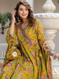KALINI Women Floral Printed Angrakha Thread Work Kurta with Trousers & With Dupatta