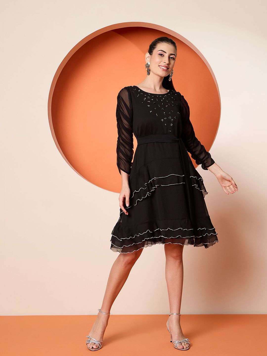 Antheaa Embellished Chiffon A-Line Dress