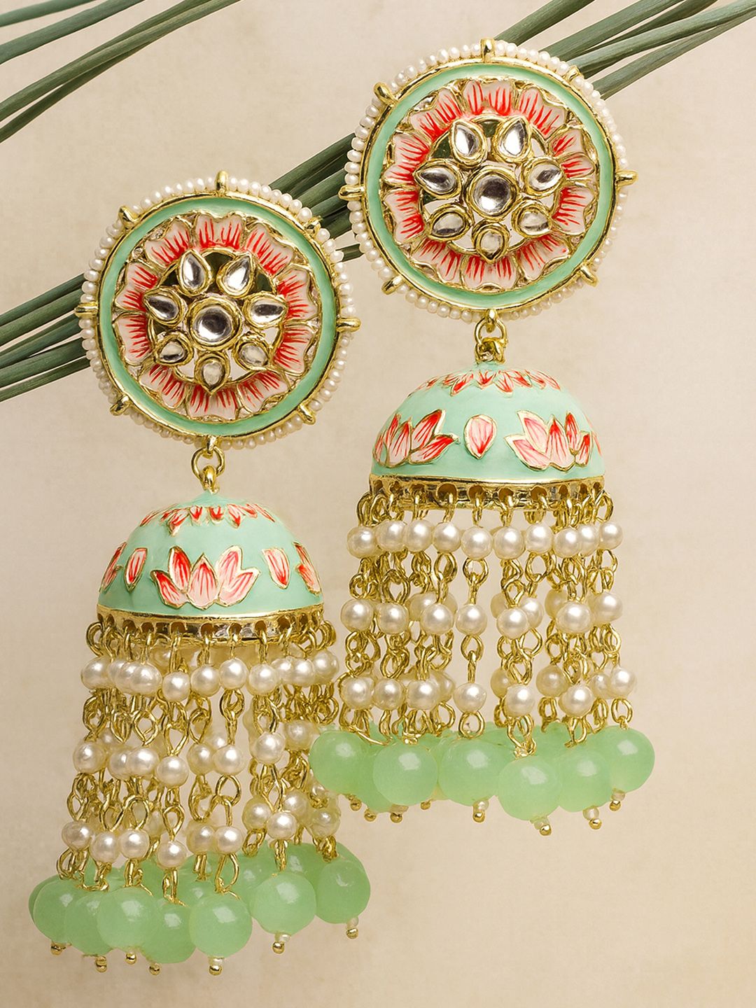 KARATCART Gold Plated Lime Green Dome Shaped Jhumkas Earrings