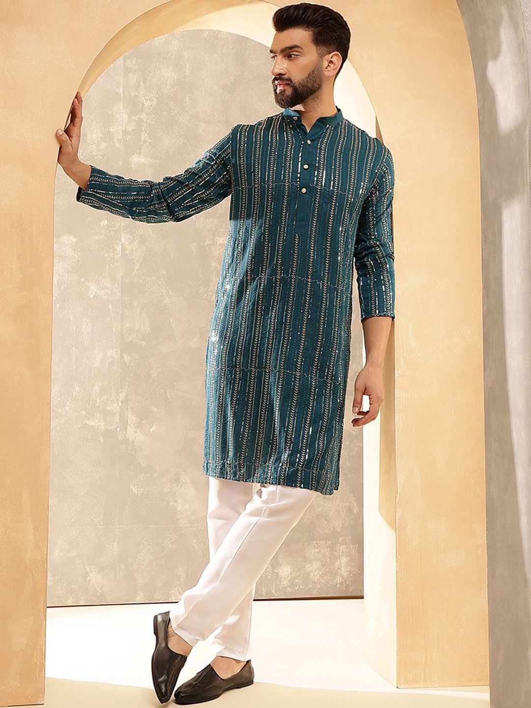 Anouk Blue Geometric Embroidered Sequence Band Collar Straight Kurta