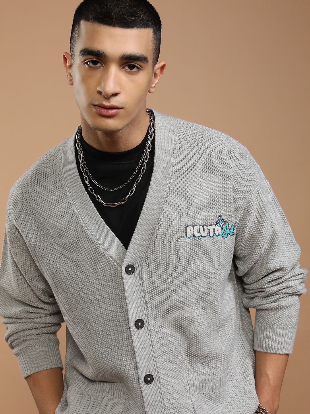 HIGHLANDER Men Embroidered Ribbed Cardigan with Embellished Detail