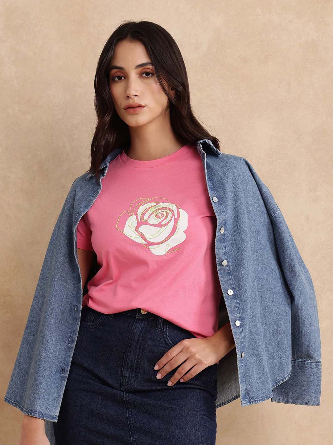 Rareism Wanita bunga T-Shirt Tepi Mentah Bercetak