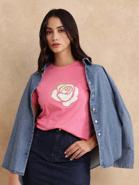 Rareism Wanita bunga T-Shirt Tepi Mentah Bercetak