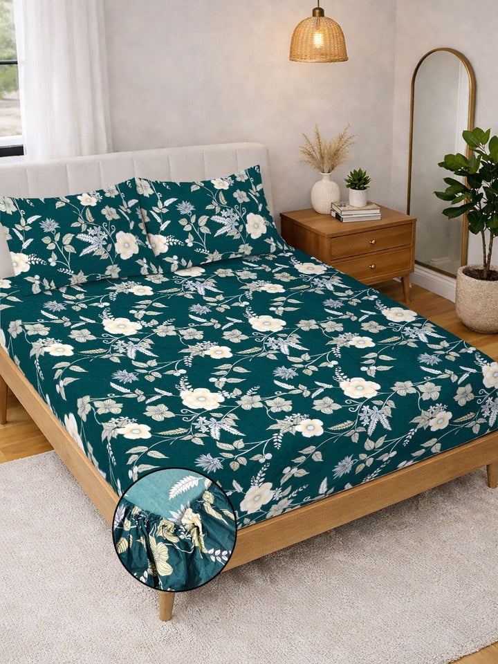 Myntra Elegant Homes Green Floral 300 TC King Cadar dengan 2 Sarung Bantal