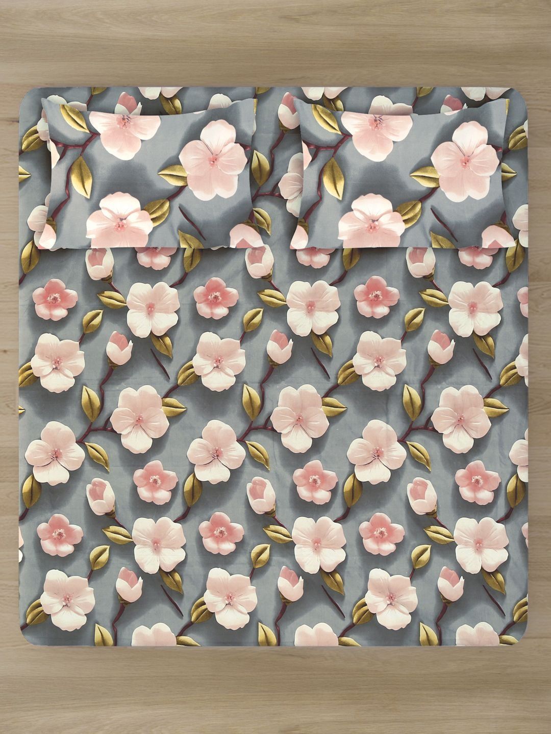 Myntra Elegant Homes Grey & Pink Floral 300 TC King Cadar dengan 2 Sarung Bantal