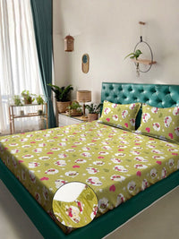 Myntra Elegant Homes Green Printed Cotton 400 TC Fitted King Bedsheet Set-2.5mX2.25m