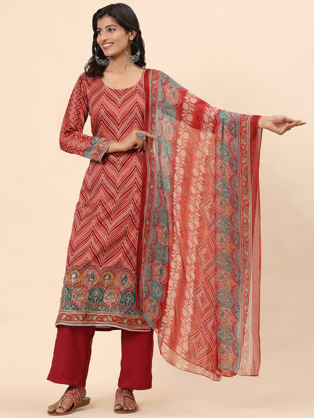 Mamicha Wanita Bercetak Kurta Kapas Tulen Biasa dengan Seluar & Dengan Dupatta