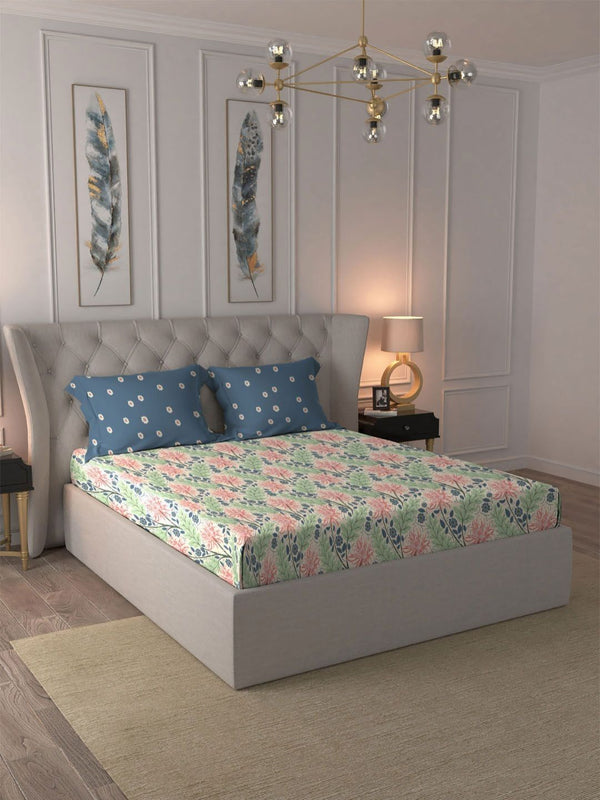 MYTRIDENT Serene Blue Comfort Living Flat 120TC Queen Cotton 1 Bedsheet & 2 Pillow Covers