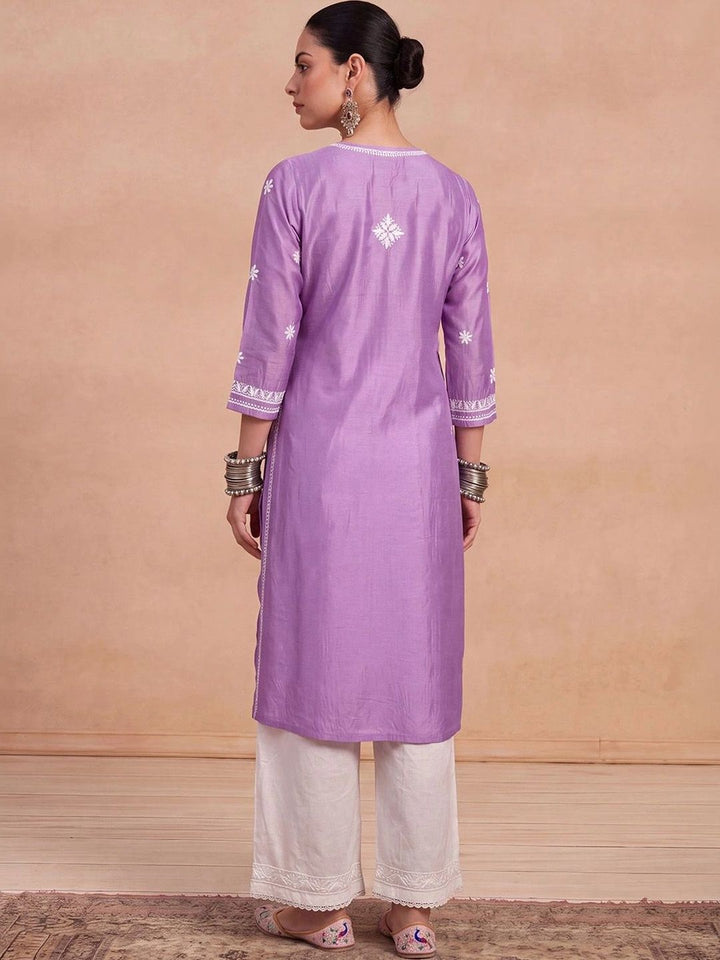 House of Chikankari Women Lavender Chanderi Chikankari Embroidered Kurta