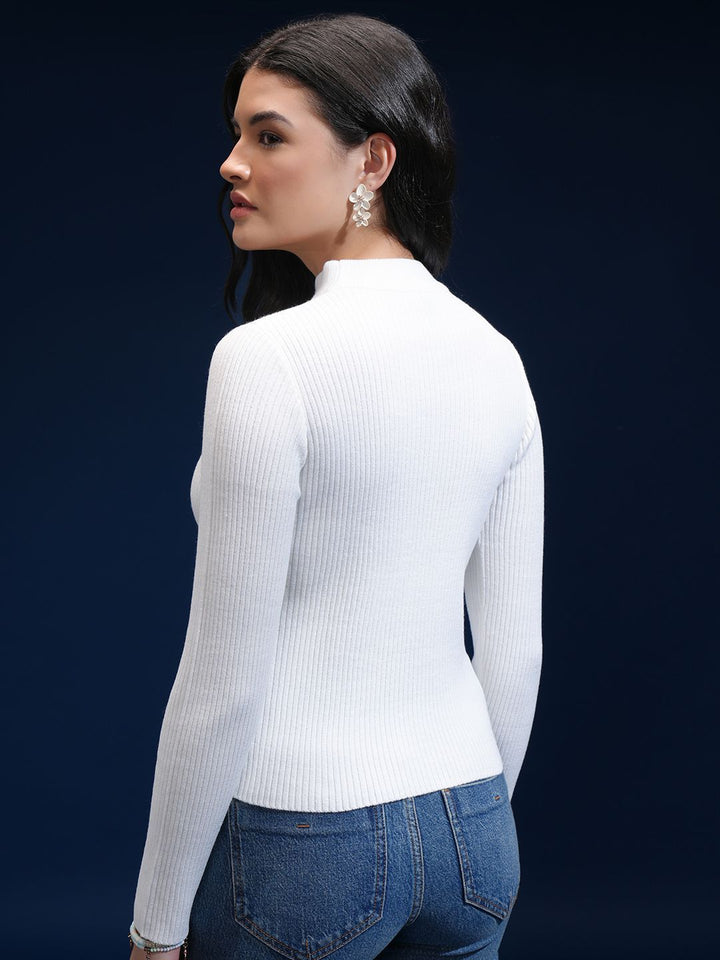 Tokyo Talkies Women Ribbed Choker Neck Pullover