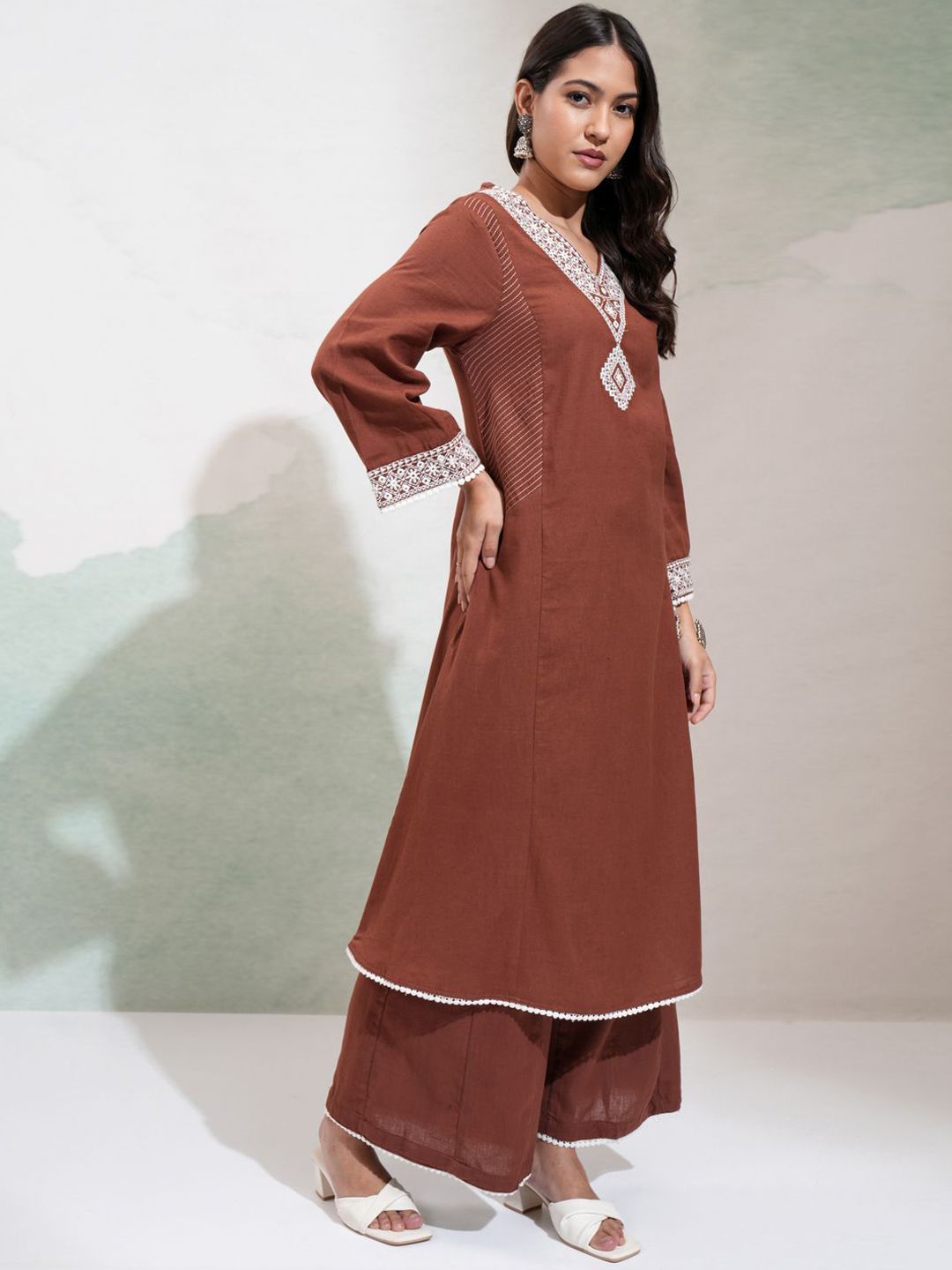 Vishudh Floral Embroidered V-Neck Panelled Mirror Work Kurta With Palazzos