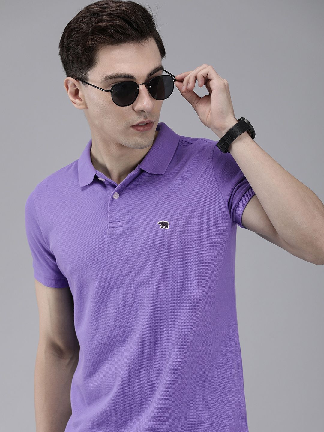 THE BEAR HOUSE Men Purple Polo Collar Pure Cotton Slim Fit T-shirt