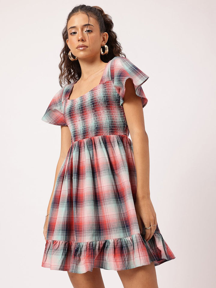 DressBerry Flirty Finesse Checked Cut-Out Smocked Flutter Sleeve Mini Dress