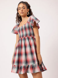 DressBerry Flirty Finesse Checked Cut-Out Smocked Flutter Sleeve Mini Dress