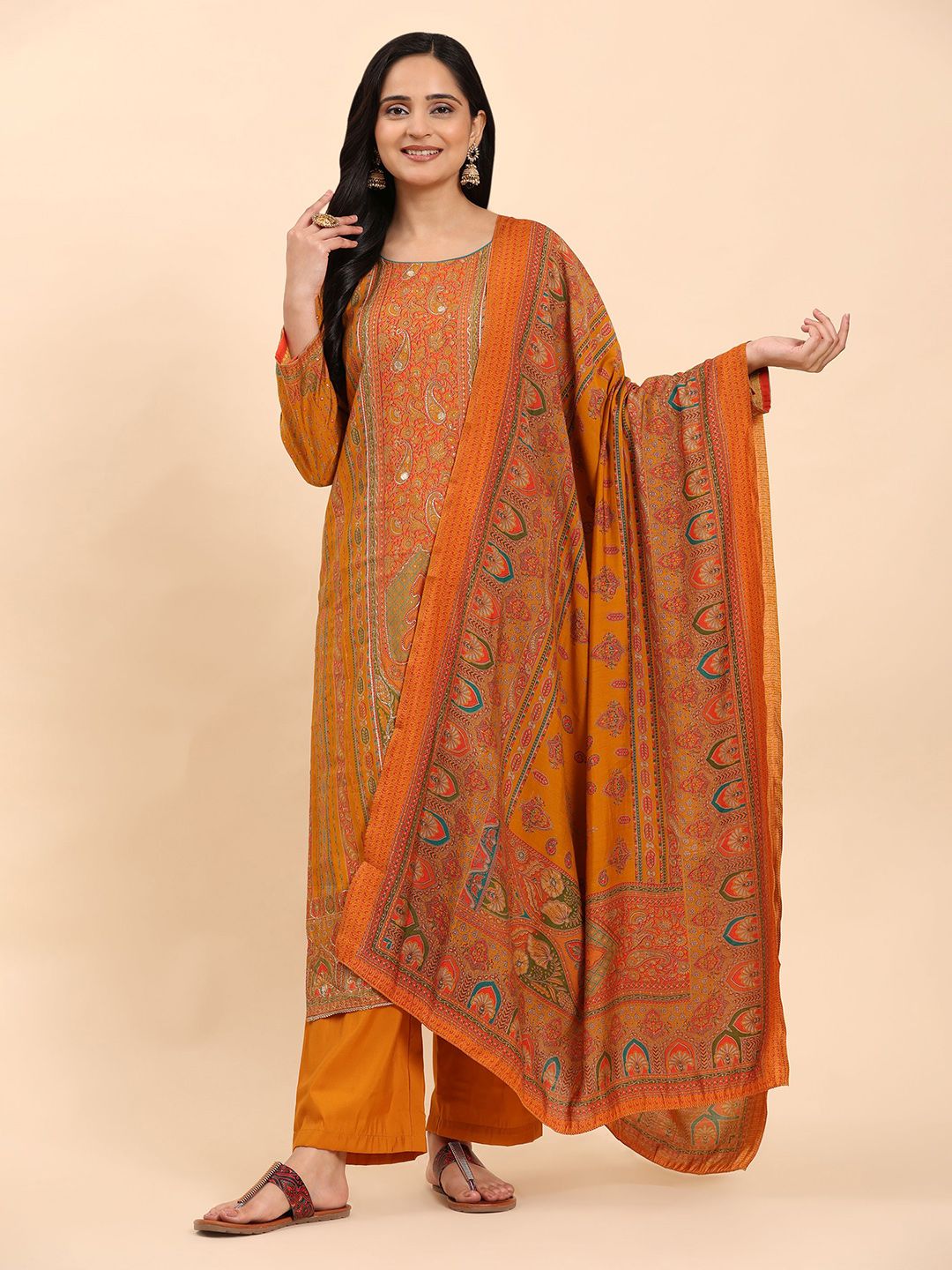 Mamicha Women Paisley Embroidered Regular Pure Cotton Kurta with Palazzos & With Dupatta
