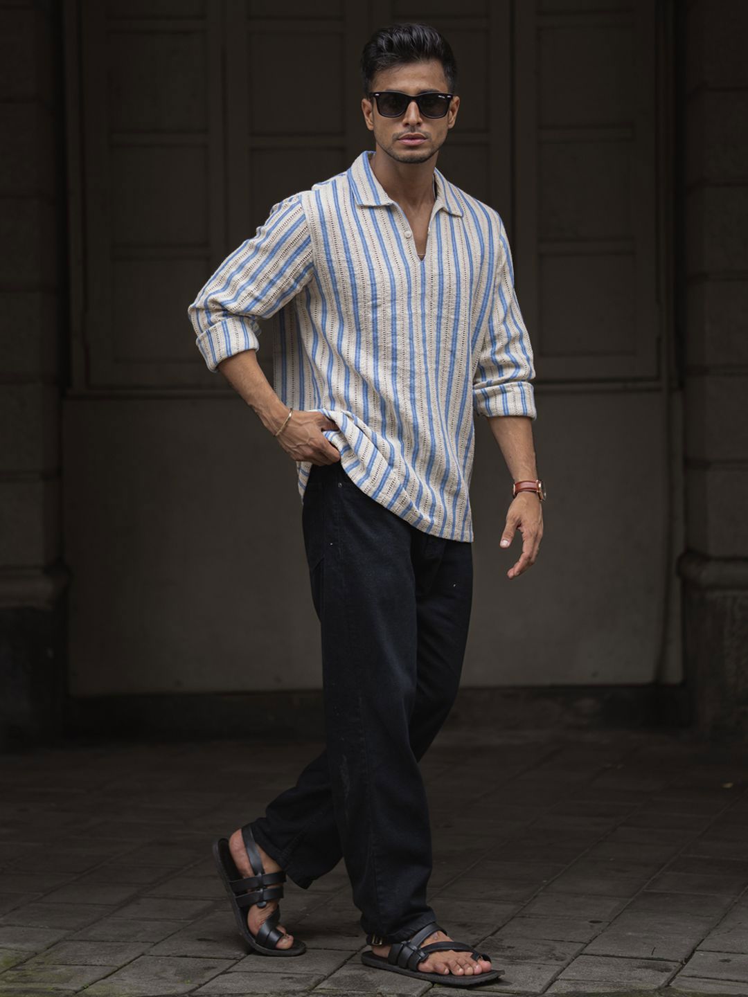 Powerlook Men Spread Collar Vertical Striped Cotton Casual Shirt