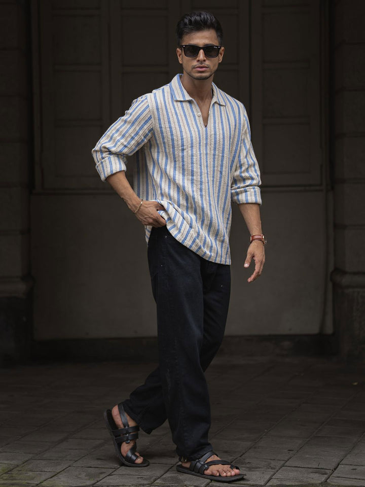 Powerlook Men Spread Collar Vertical Striped Cotton Casual Shirt