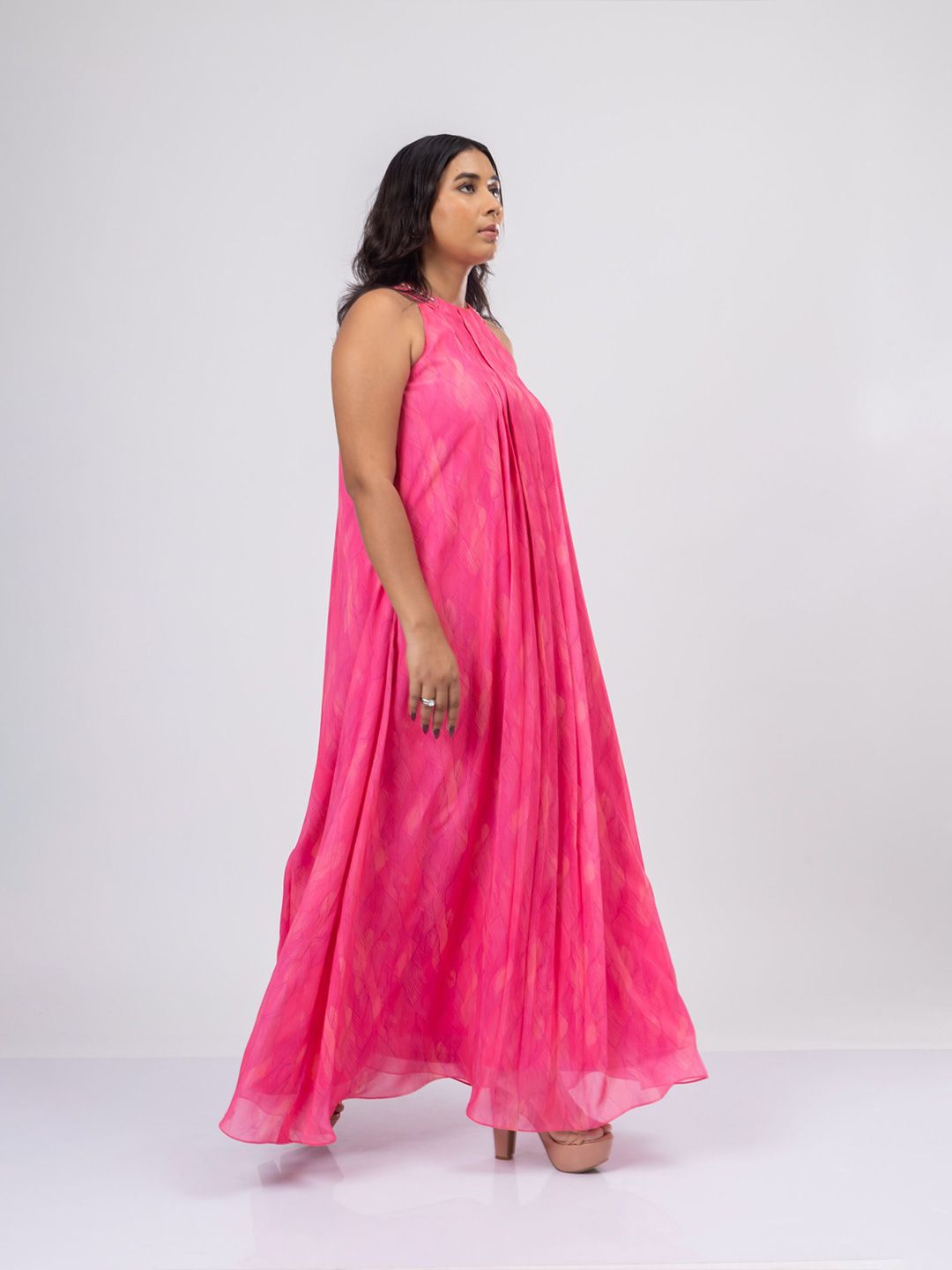 Pakaian Maxi Georgette Leher Halter Bercetak Bunga Mamicha Wanita