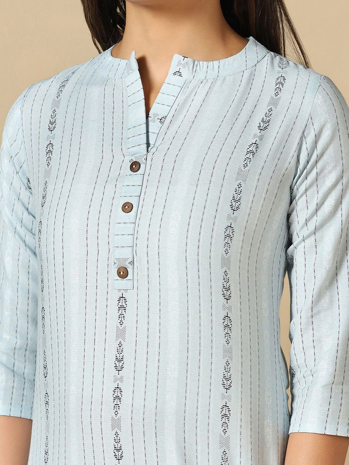 KALINI Striped Mandarin Collar Thread Work Straight Kurta With Trousers