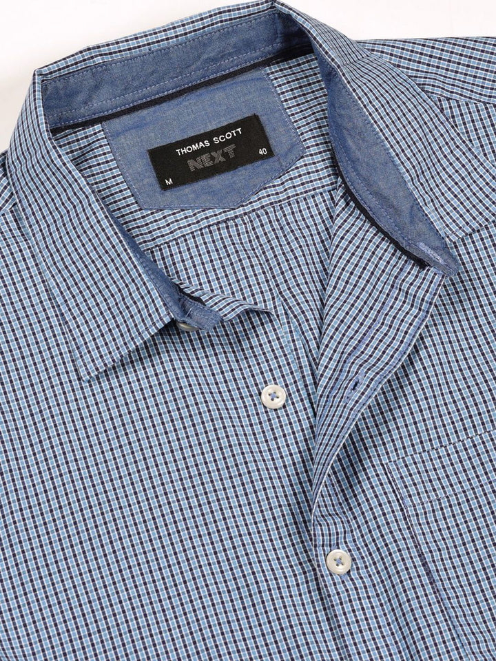 Thomas Scott Men Smart Spread Collar Micro Checked Cotton Slim Fit Casual Shirt