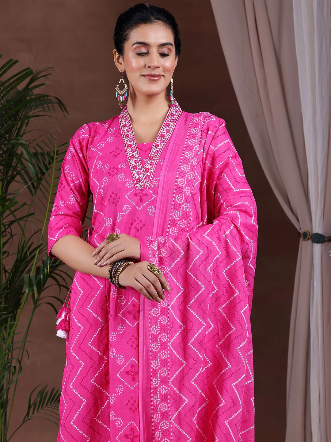 Libas Bandhani Printed V-Neck Pure Cotton A-Line Kurta With Salwar & Dupatta