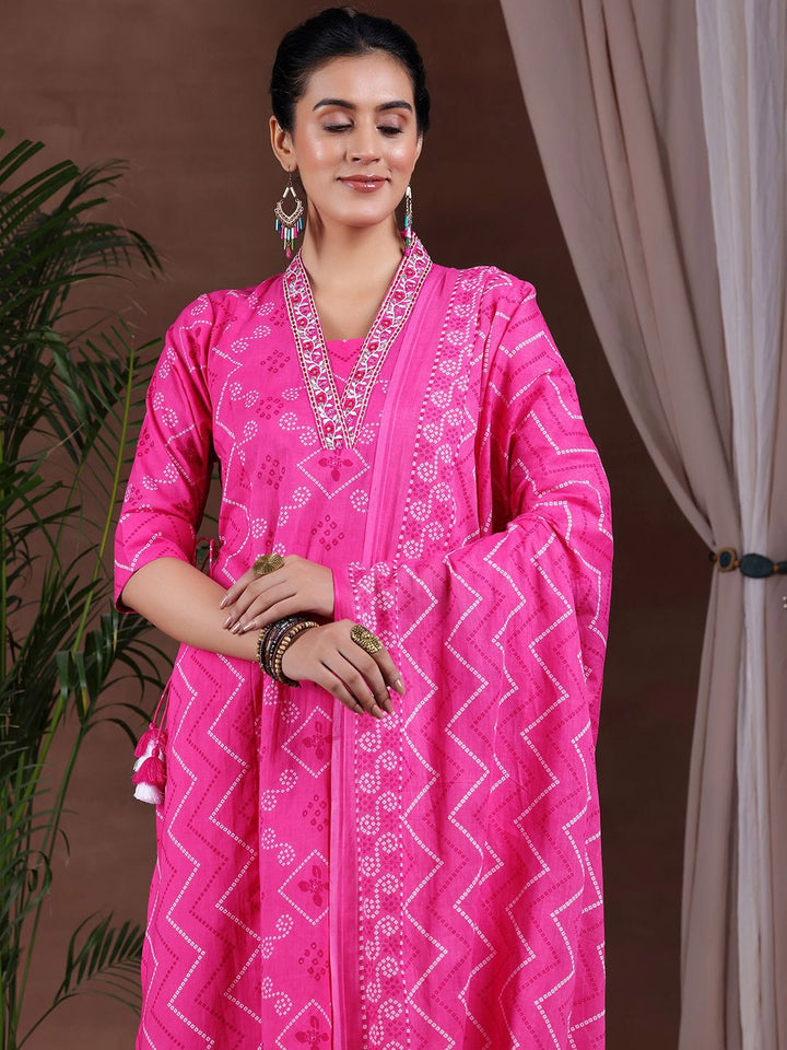 Libas Bandhani Printed V-Neck Pure Cotton A-Line Kurta With Salwar & Dupatta
