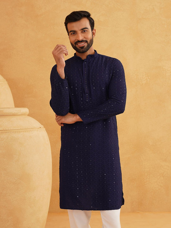 SOJANYA Ethnic Motifs Embroidered Mandarin Collar Sequinned Pure Cotton Straight Kurta