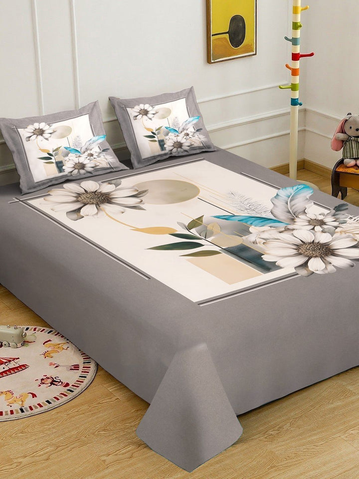 Myntra Elegant Homes Grey & White Floral 400 TC King Bedsheet with 2 Pillow Covers