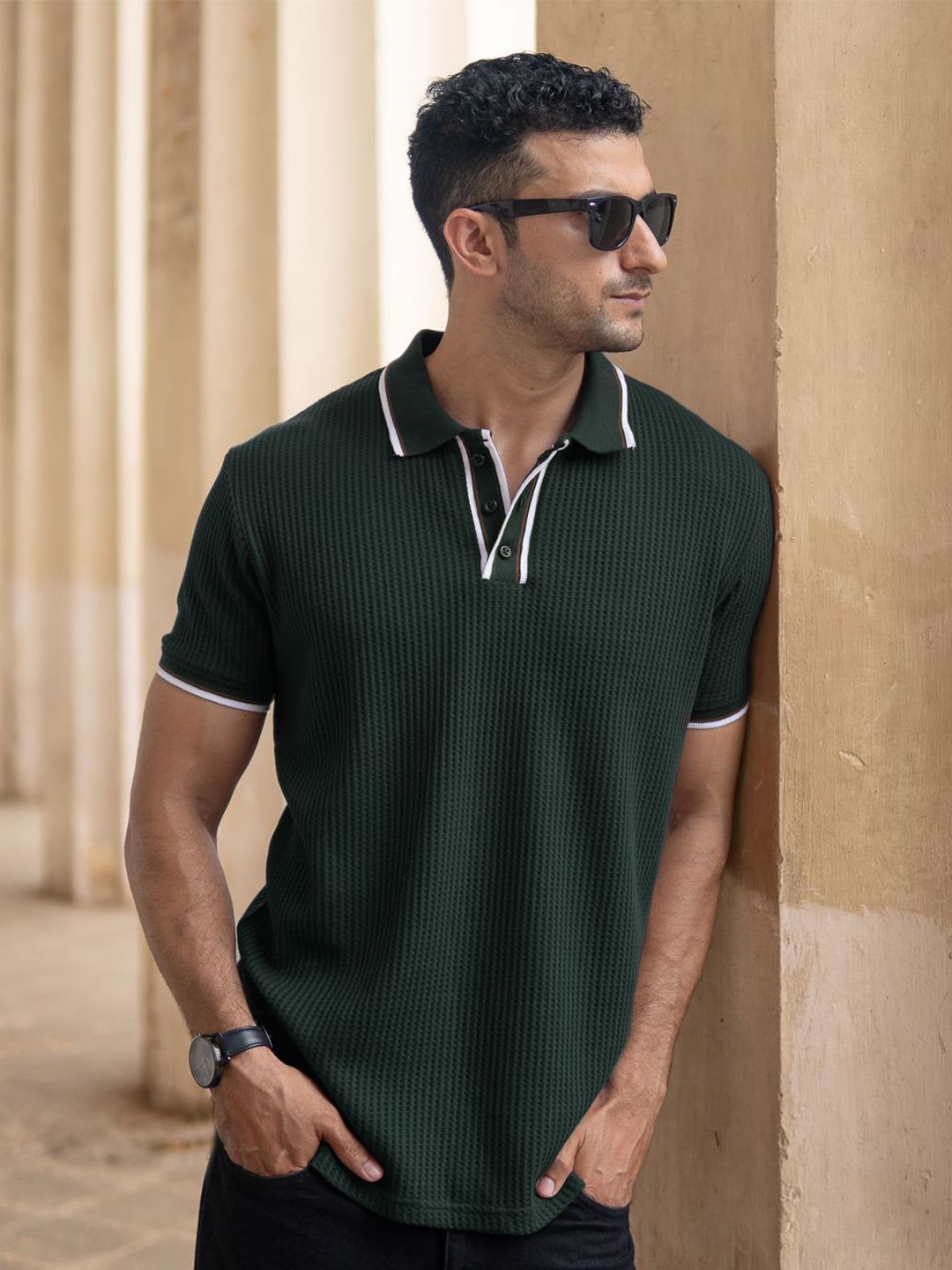 Powerlook Men Green Self Design Structured Polo Collar T-shirt