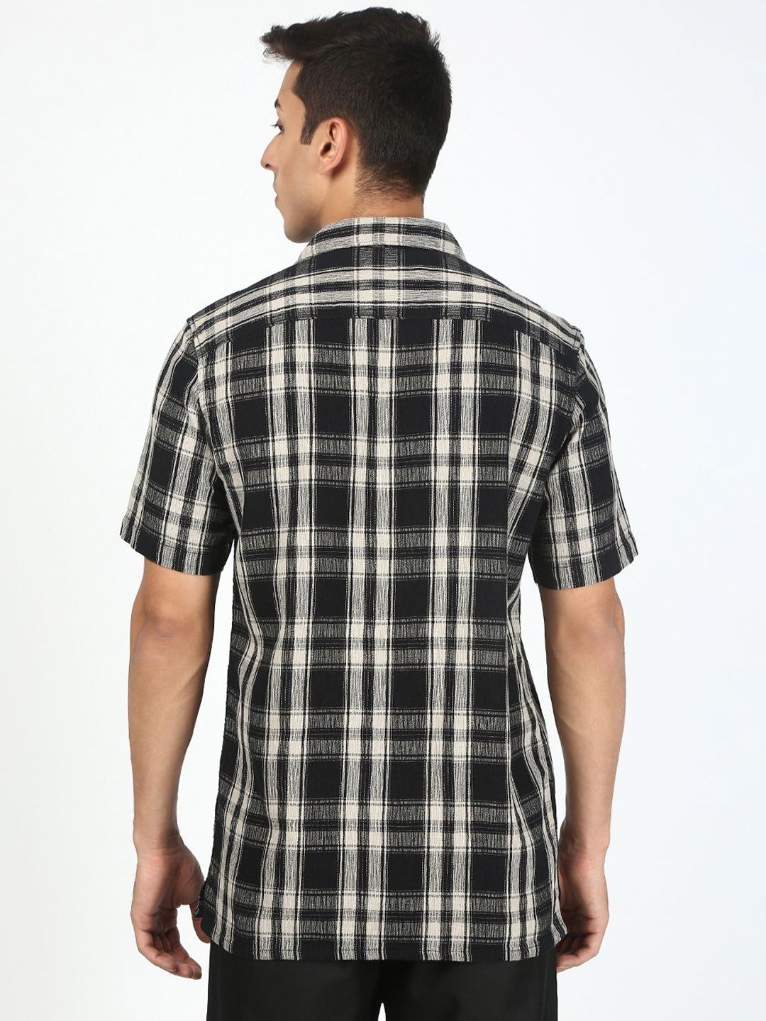 Bene Kleed Men Tartan Checked Cuban Collar Cotton Casual Shirt