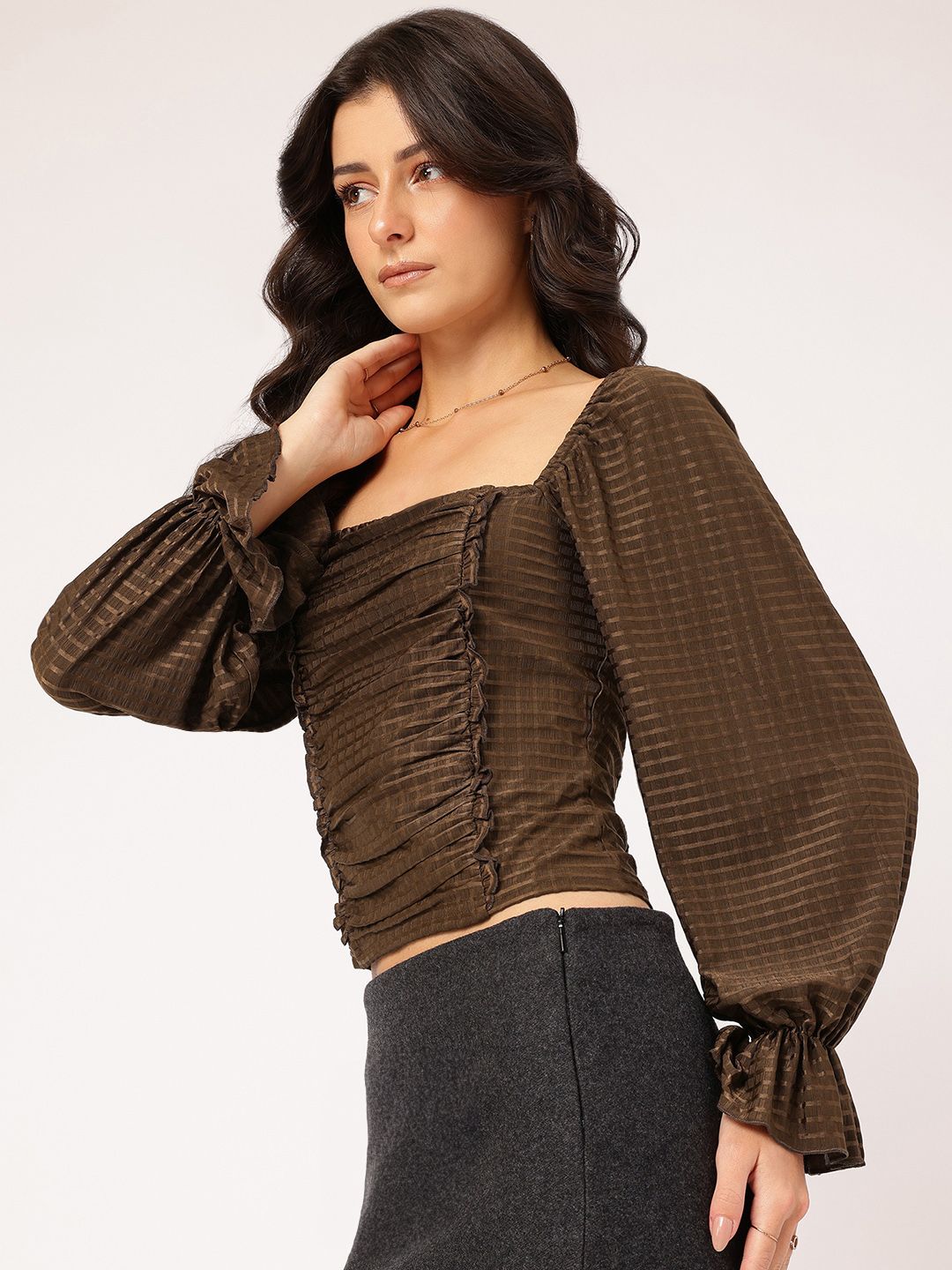 DressBerry Minimalist Muse Self Checked Smocked Ruched Top
